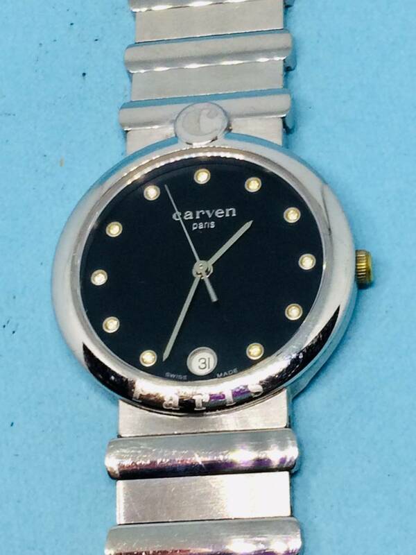 (B61)スイスの粋な時計(*'▽')CARVEN　PARISディト（電池交換済）シルバー・ユニセックス腕時計USED（送料全国一律185円）素敵な時計です。