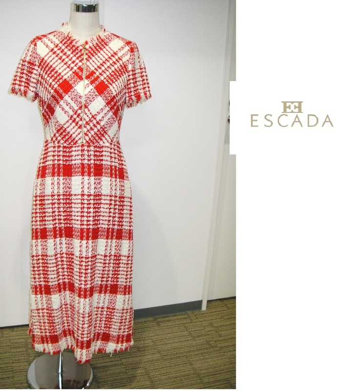 【新品・B品】ESCADA（エスカーダ） 冬用 フォーマル ワンピース ギンガムチェック 赤のチェック ひざ丈ワンピース ※後ろのチャックの取れ