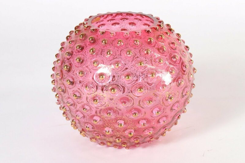 ボヘミア ピンクの丸いフラワーベース 16cm / Bohemia 硝子 花瓶 花入 花生