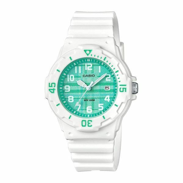 CASIO カシオ LRW200 チェック柄 グリーン レディース キッズ 子供用 女性用 アナログ カレンダー 回転ベゼル 防水 軽量 薄型 腕時計
