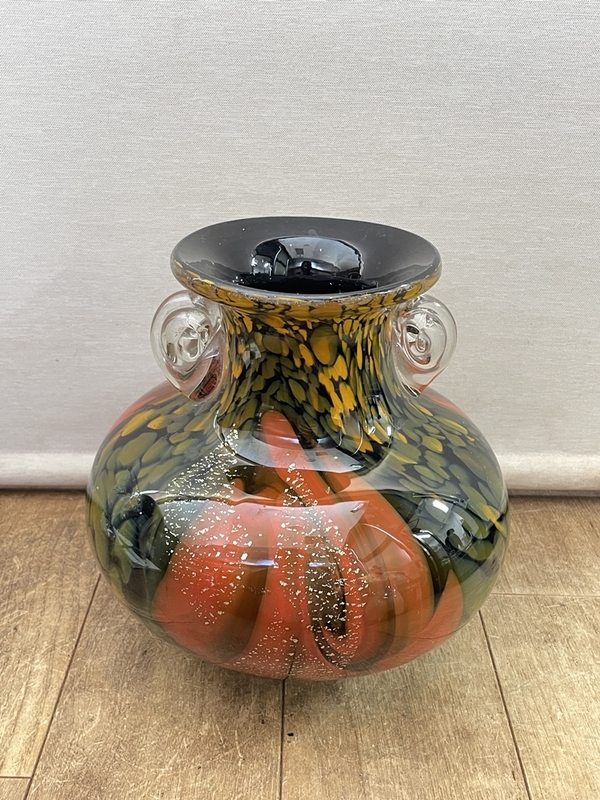 ● コレクター必見 ガラス製 フラワーベース 花瓶 双耳 花入 高さ約23cm インテリア 飾り 置物 コレクション tk479