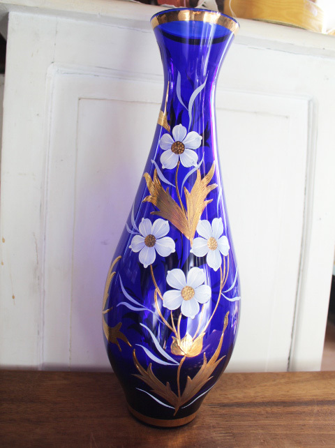未使用【ボヘミア ハンドペイント エナメル】花瓶 フラワーベース 青色被せ