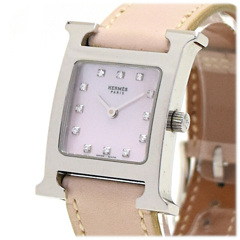 エルメス 腕時計 Hウオッチ 12P ダイヤモンド HH1.210 SS×レザー レディース ピンクシェル文字盤 HERMES