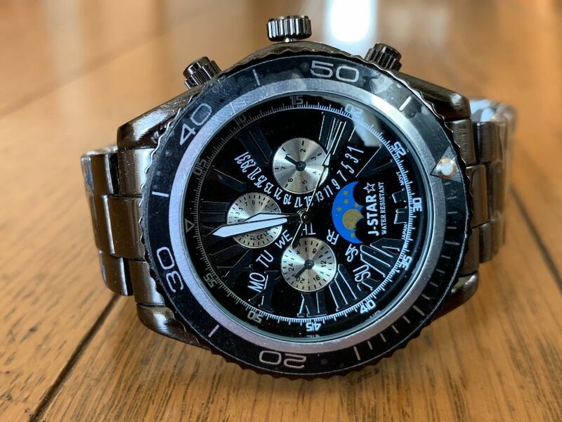 腕時計 ムーンフェイス風ブラック メンズ 新品 ウォッチy3594ブラックメタル