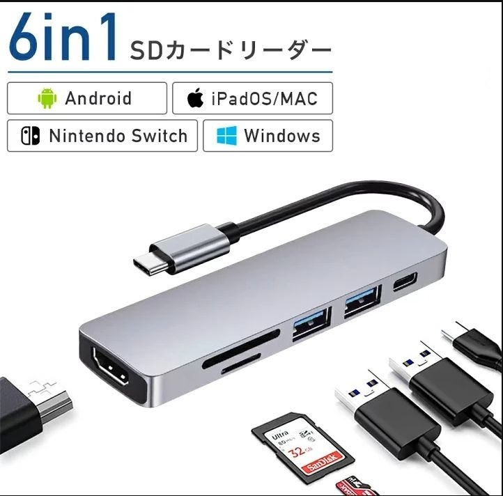 送料無料 USBハブ Type C 6in1 USB C ハブ 6ポート 5Gbps 4K HDMI SD TFカードリーダー PD充電 急速充電 USB3.0 高速データ伝送 