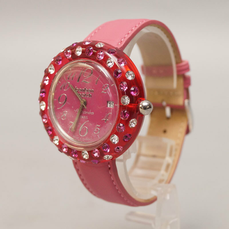 yh03-BONBONWATCH ボンボンウォッチ 腕時計 ピンク ラインストーン クォーツ カレンダー 3針 ファッションウォッチ レディース