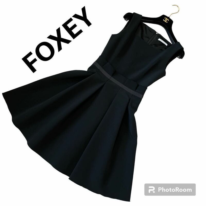 美品 FOXEY NEWYORK フォクシー ニューヨーク Little Roots Dress ワンピース ドレス 黒 38 現行タグ 34022 フレア Aライン ブラック