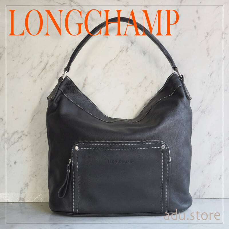 ★極美品★ ロンシャン LONGCHAMP バケツ型 ワンショルダーバッグ ブラック レザー 本革 ロゴ ステッチ レディース ブランド