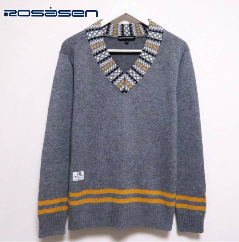 極美品 ROSASEN ロサーセン Vネックセーター フェアアイル柄ライン エルボーパッチ ウールニット メンズ ゴルフウエア 紳士 M 秋冬物