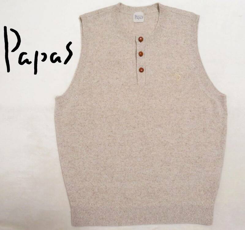 極美品 Papas PAPAS パパス 高級アンゴラ,シルク,カシミヤ混紡ウール ミックスニットベスト ヘンリーネック メンズウエア クルミ釦 秋冬物