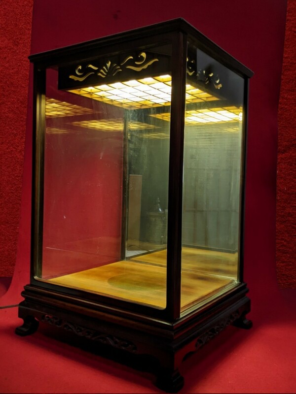 ガラスケース 寺社仏閣 格子天井 照明 唐木 紫檀 カットガラス 重約20kg 