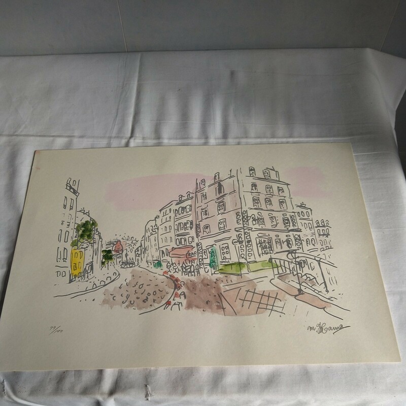 a-1358◆真作 シルクスクリーン・手彩色 浜征彦 『パリ風景』 町風景 ・ カンバスの詩人 縦35cm 横49cm ◆状態は画像で確認してください。