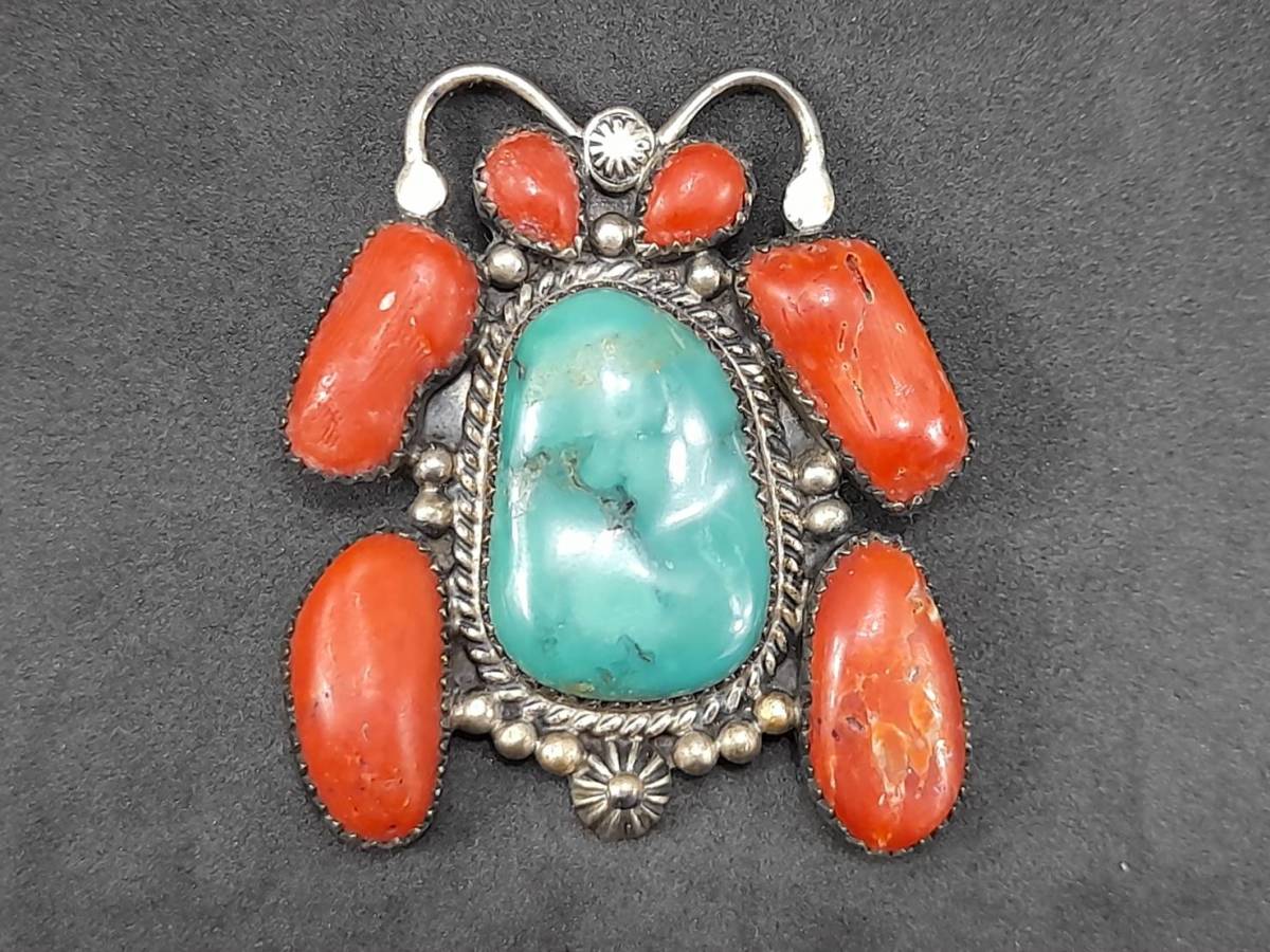 歐洲 時代物 銀綠松石、赤珊瑚 ブローチ / 胸針 ヨーロッパ デザイナー作品 Sterling P.Begay
