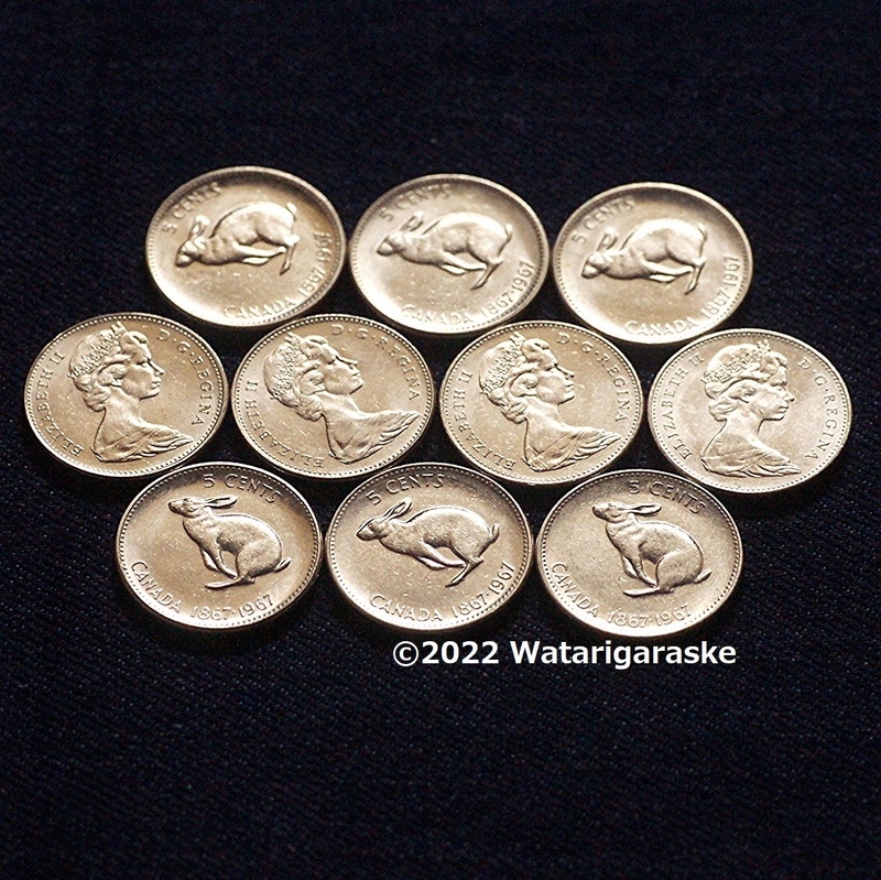 ★ウサギの硬貨x10枚★1967年カナダ建国100周年記念特別5セント 流通品 21.2mm
