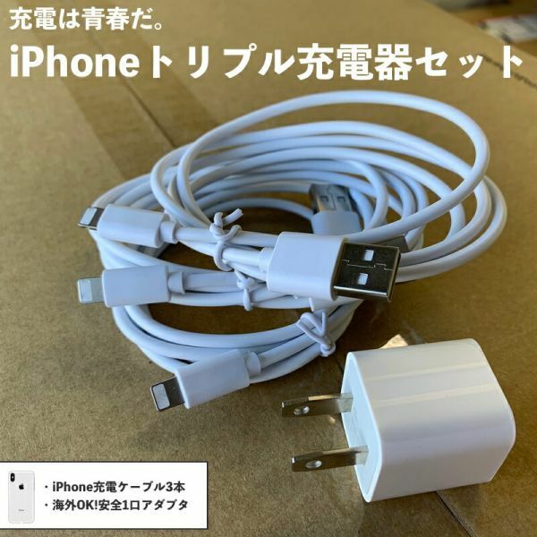 iPhone充電ケーブル 1m 3本 + 一口USBアダプタ セット ホワイト