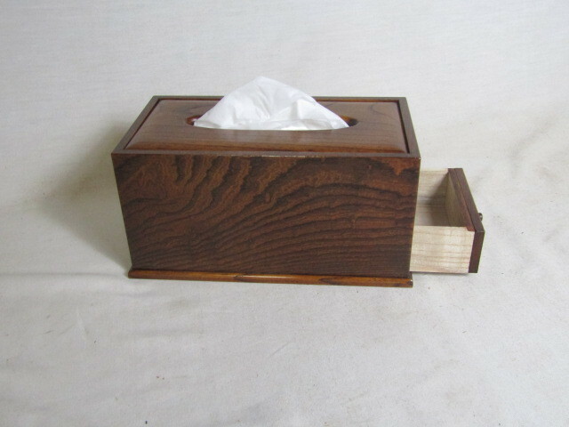 ティッシュケース木製、ティッシュケースボックス、引き出し小物入れ付き、欅無垢製、拭き漆、手作り
