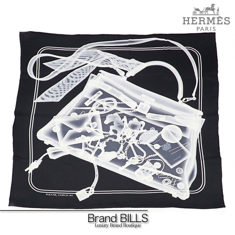 未使用品 HERMES エルメス カレ70 プリーズ チェックイン スカーフ H982510S ブラック ホワイト シルク ケリー スキャン