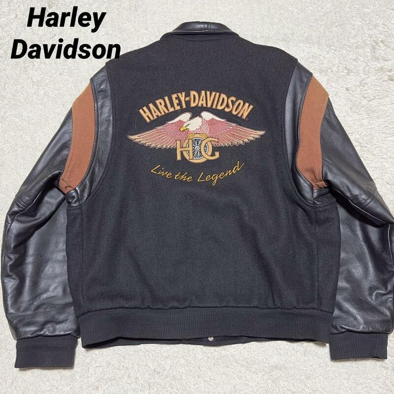 Harley-Davidson 袖レザー スタジャン バック刺繍 ブラック