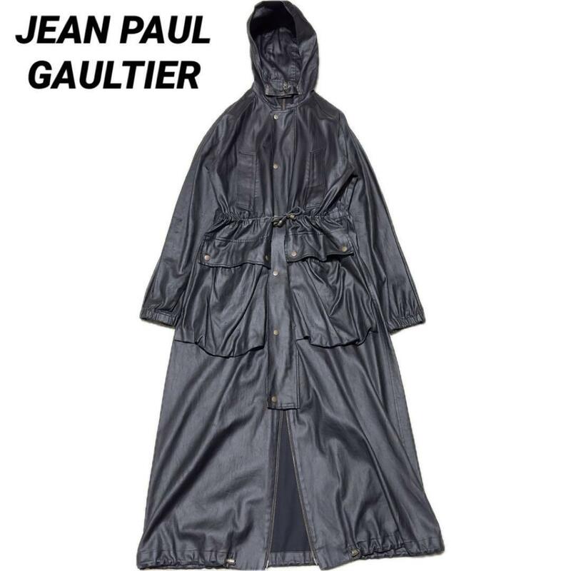 JEAN PAUL GAULTIER archive スーパーロングコート コーティングレザー ロングフードコート ブラック