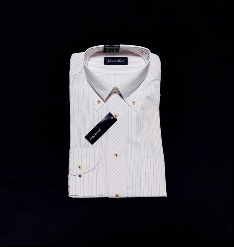 (未使用) gevant Hous // 形態安定 長袖 ストライプ柄 ボタンダウン シャツ・ワイシャツ (白×赤系) サイズ 37-80 (S)
