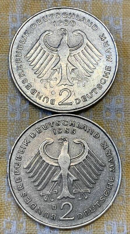 ● 【中古】ドイツ連邦共和国 2マルク　　1980、1985年　計2枚　硬貨　コイン、ユーロ発行前