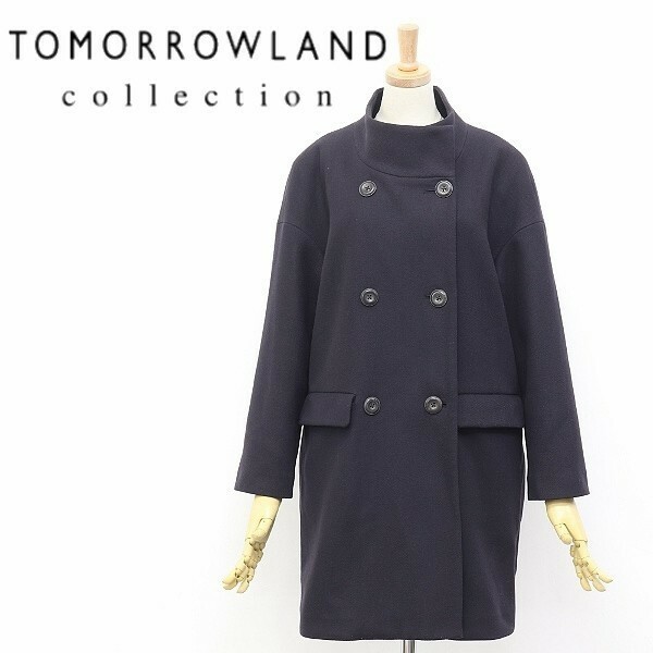 ◆TOMORROWLAND collection/トゥモローランド コレクション カシミヤ混 スタンドカラー ダブル コート ネイビー 38