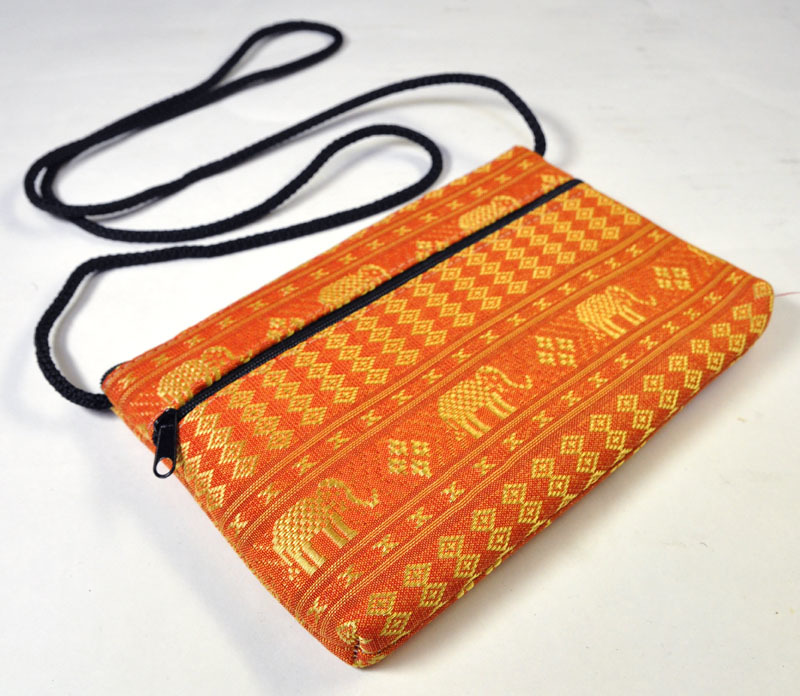 【送料無料】タイ製象さんポシェット 横長 オレンジ系統 機械織り アジアン エスニック BAG231224-OR