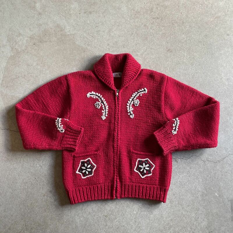 ビンテージ 刺繍 ジップアップ 赤色 ニットジャケット 3ヴィンテージ カーディガン ウール100% レッド レディース セーター 古着