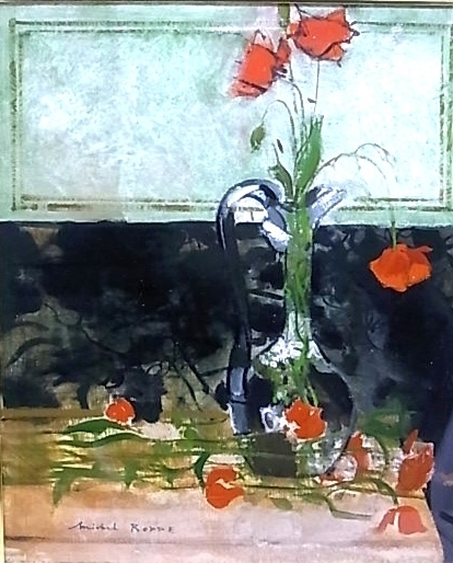 h0542 真作保証　油彩　静物画　花の絵　薔薇　ミッシェル・ロッド　「水差しとひなげし」　１０号　額縁