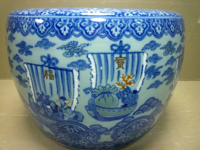 《金正堂》七福神宝船46センチ丸陶器火鉢　茶道具　
