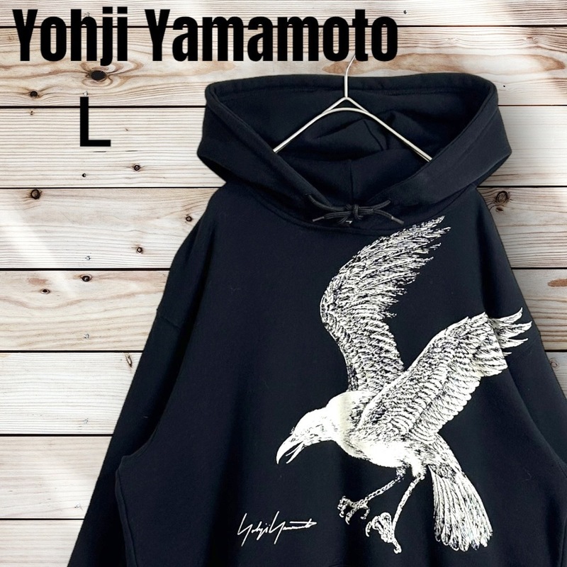 【超希少モデル】Yohji Yamamoto x NEW ERA ヨウジヤマモト ニューエラ カラス L パーカー 黒 ブラック ビッグロゴ フード刺繍 鴉 烏
