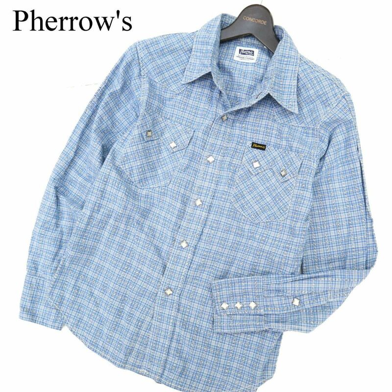 Pherrow's フェローズ 通年 長袖 胸ロゴ★ ウエスタン チェック シャツ Sz.38　メンズ 日本製 水色　C3T11542_C#C