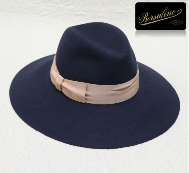 新品タグ付き【ボルサリーノ】ALESSANDRIA 人気の超ワイドブリム ラビットファー フェルトハット 紺 M(57) v4205-1972
