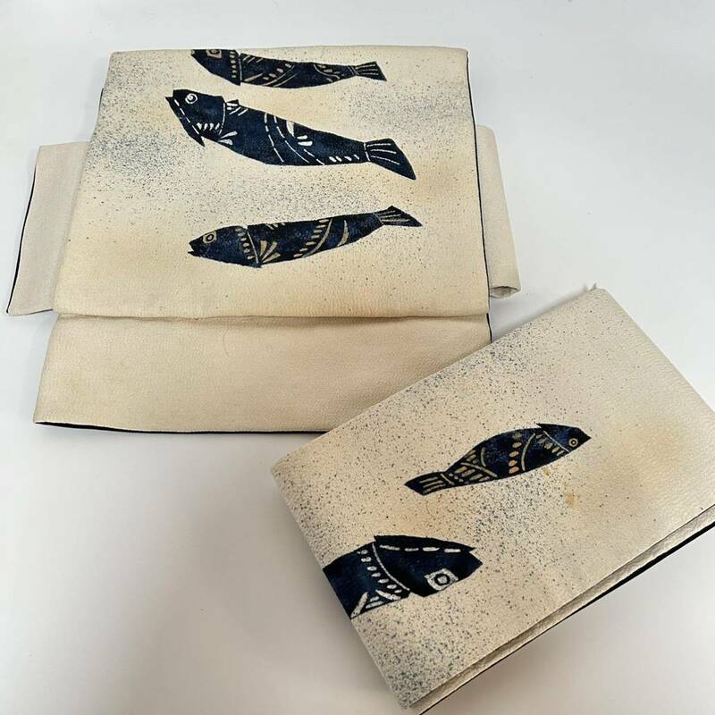 ●きもの翠● 飾り帯 付け帯 つけ帯 鮎 魚 可愛い 手描き アンティーク 正絹 和装 和服 着物 黒 白 シック #Y337