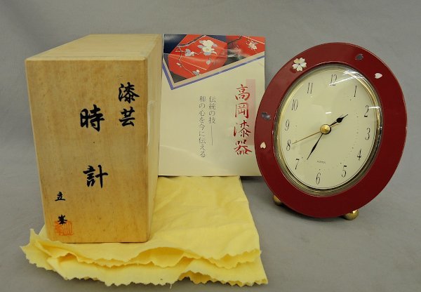 高岡漆器 漆芸 時計 立峯 目覚まし時計 貝入り クォーツ プラスチック 木質 未使用品 共箱