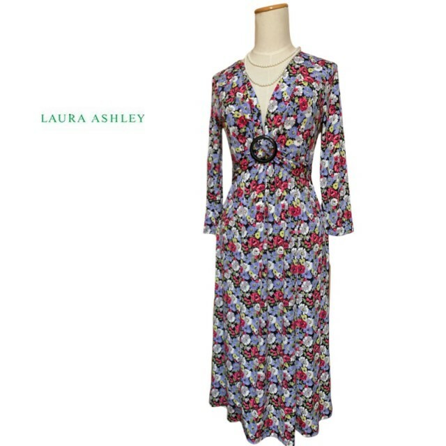 LAURA ASHLEY【ローラアシュレイ】花柄 バックル付き ストレッチワンピース 7号