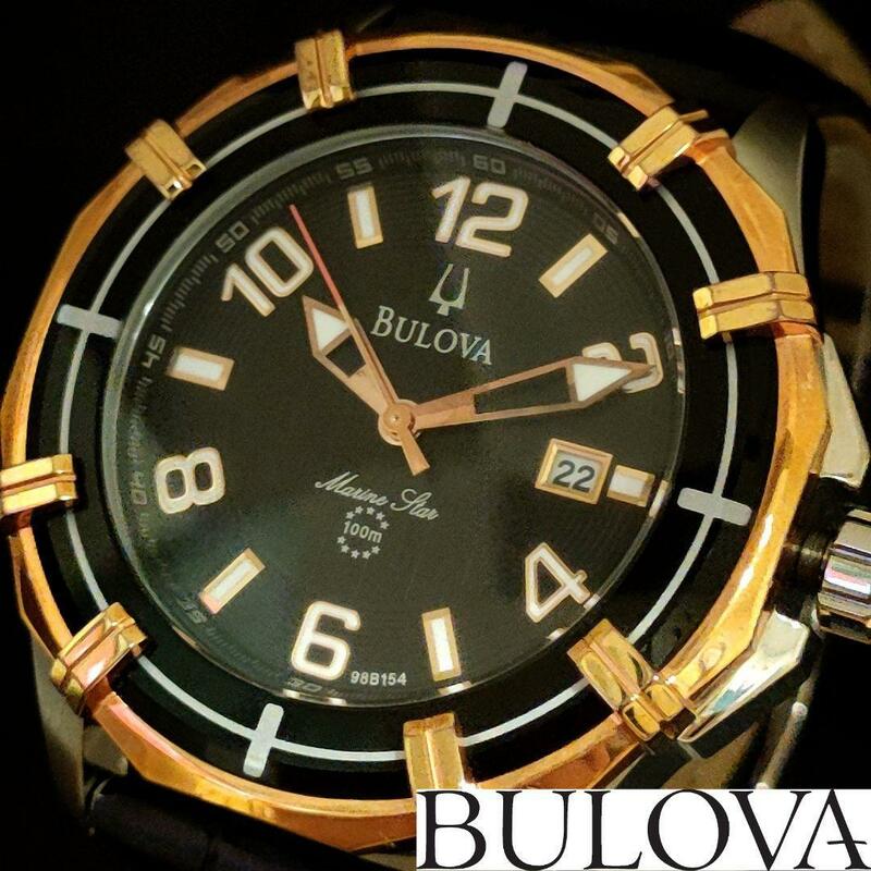 【BULOVA】ブローバ/メンズ腕時計/お洒落/ブラック.ゴールド色/プレゼントに/お年玉に/男性用/高級/激レア/希少/マリンスター/クオーツ