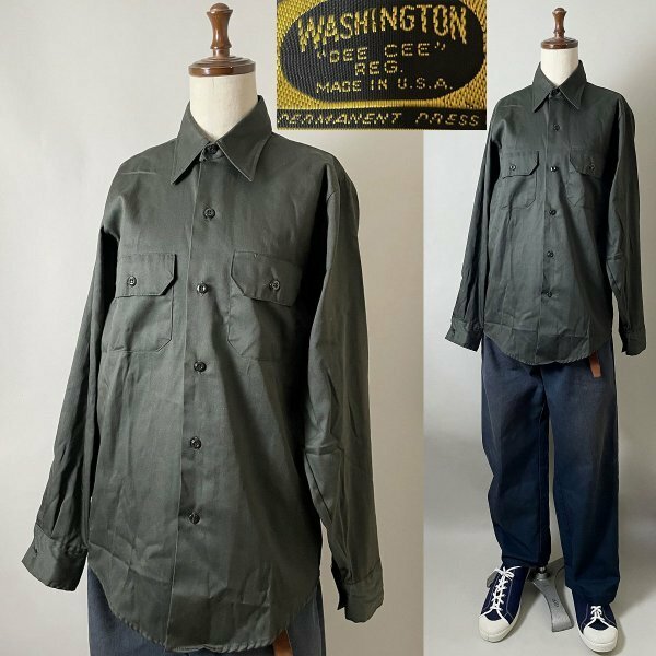 ★【60s～70s スペシャル USA製】名作 ビンテージ Washington DEE CEE ワシントンディーシー 胸ポケット ワーク シャツ カーキ系 14 1/2 S