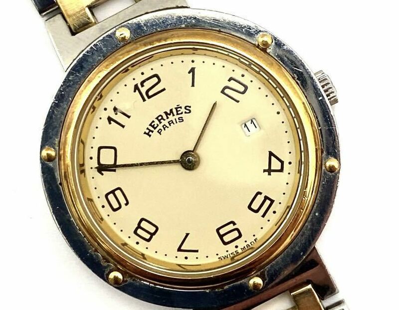 HERMES エルメス クリッパー クォーツ デイト ゴールドメッキ SS レディース 腕時計