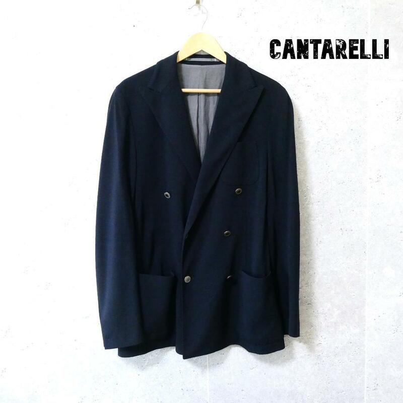 美品 CANTARELLI カンタレリ プラネットジャージー サイズ50 ダブルブレスト テーラードジャケット ブレザー ミドル丈 濃紺 ネイビー