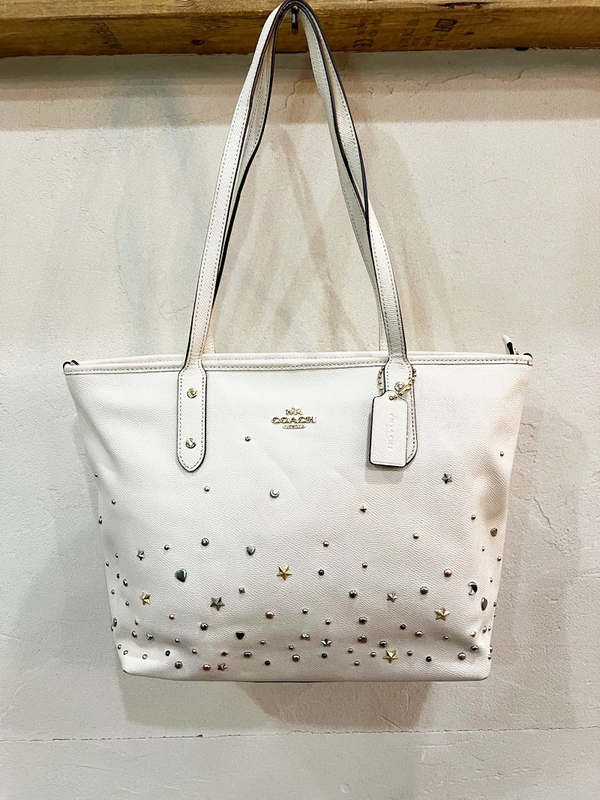 ★COACH/コーチ スターダストスタッズシティートート ホワイト レディース トートバッグ A4サイズ収納可能 ジップトップ USED ★