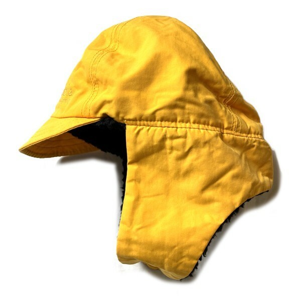冬のアウトドア! 90s USA製 Columbia コロンビア ロゴ ナイロン フライト キャップ 帽子 裏ボア イエロー 黄色 S M サイズ メンズ 激レア