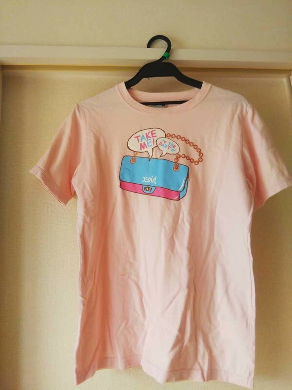 3回着用☆X-girl☆チェーンのパーティーバッグのTシャツ☆ロゴあり☆エックスガール☆サイズ2☆薄ピンク