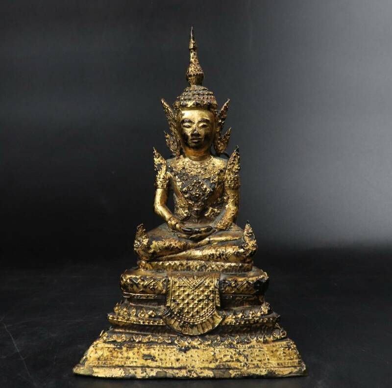 【T295】仏教美術 タイ 仏像 青銅鍍金仏 宝冠仏坐像 スコータイ