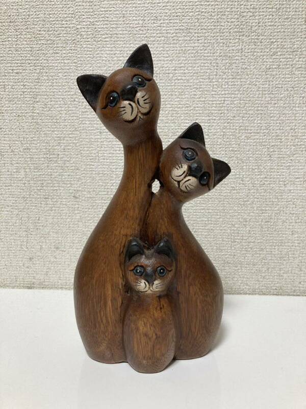 木彫り 置物 猫 家族 3匹 26cmレトロ アンティーク