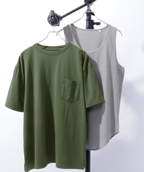 限定値下価格！新品！MONO-MART☆レイヤード オーバーサイズ 半袖Tシャツ ＆ワッフルタンクトップ の2枚セット☆色：緑×グレー☆サイズ：M