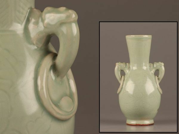 中国古玩 唐物 宋代 龍泉窯 青磁 不遊環 双耳 花瓶 時代物 極上品 初だし品 C3706