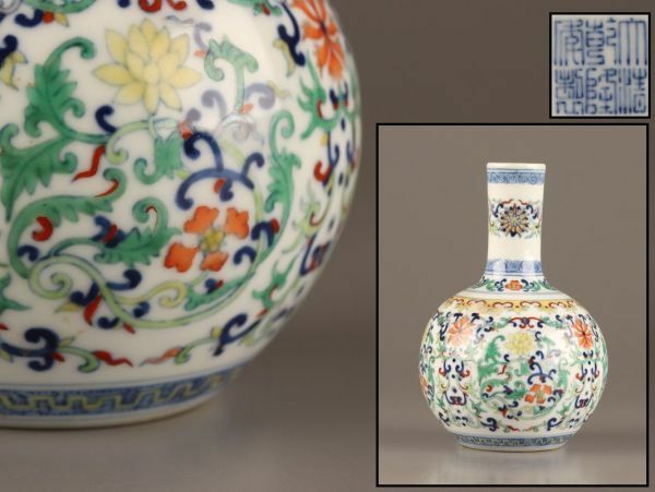 中国古玩 唐物 大清乾隆年製 款 粉彩 豆彩 花瓶 時代物 極上品 初だし品 C3993