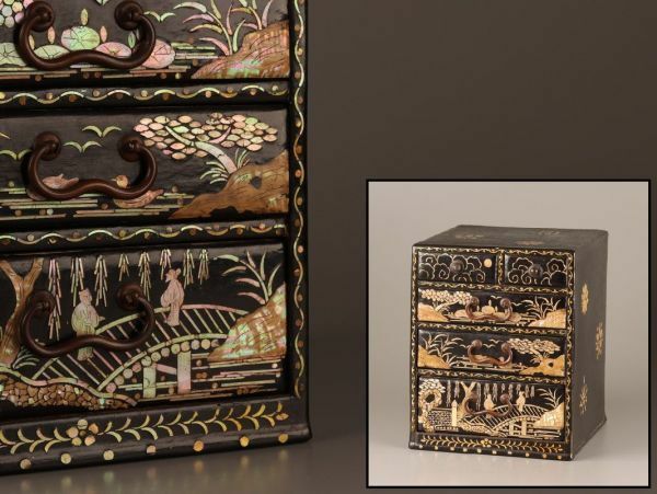 古美術 朝鮮美術漆器 李朝 木製漆塗 螺鈿細工 箪笥 時代物 極上品 初だし品 C4033