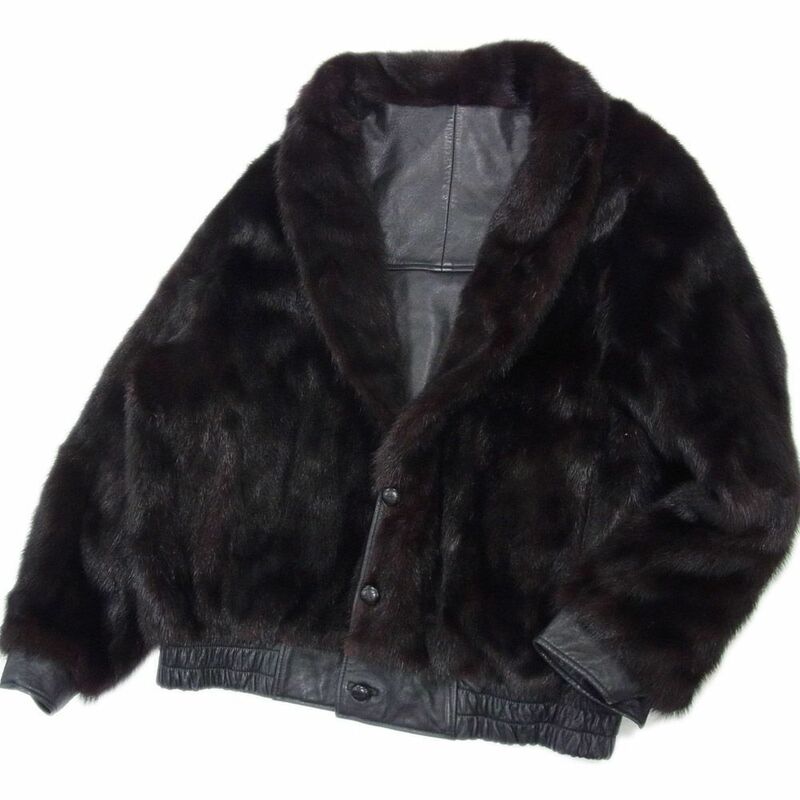 ●ダークミンク ファーコート ファージャケット レザージャケット リバーシブル 衿ファー ミンクファー 毛皮 牛革 メンズ Lサイズ ブラック